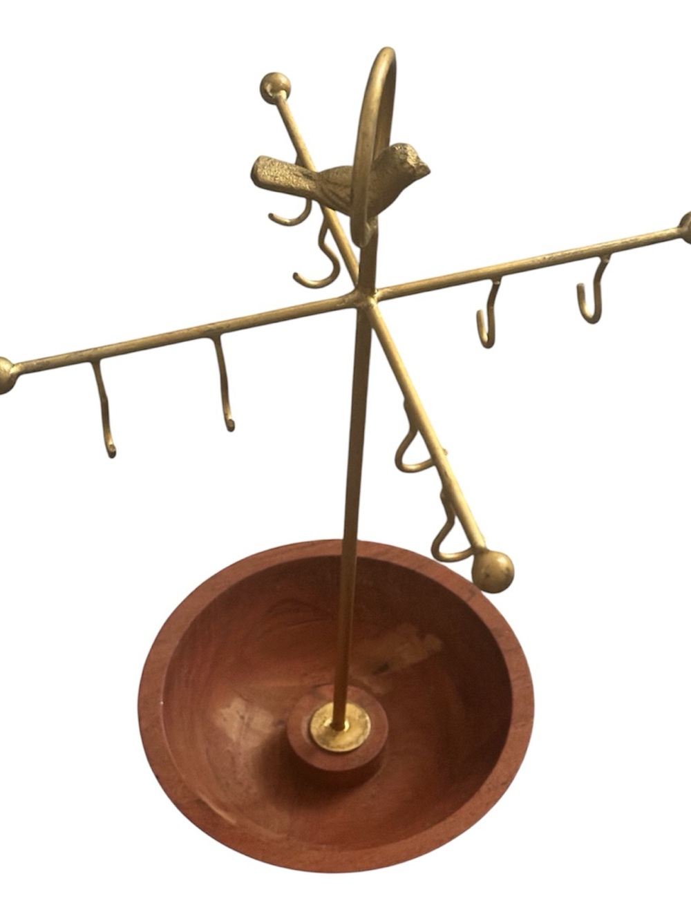 Gold Bird Jewelry Stand with Wooden Bowl